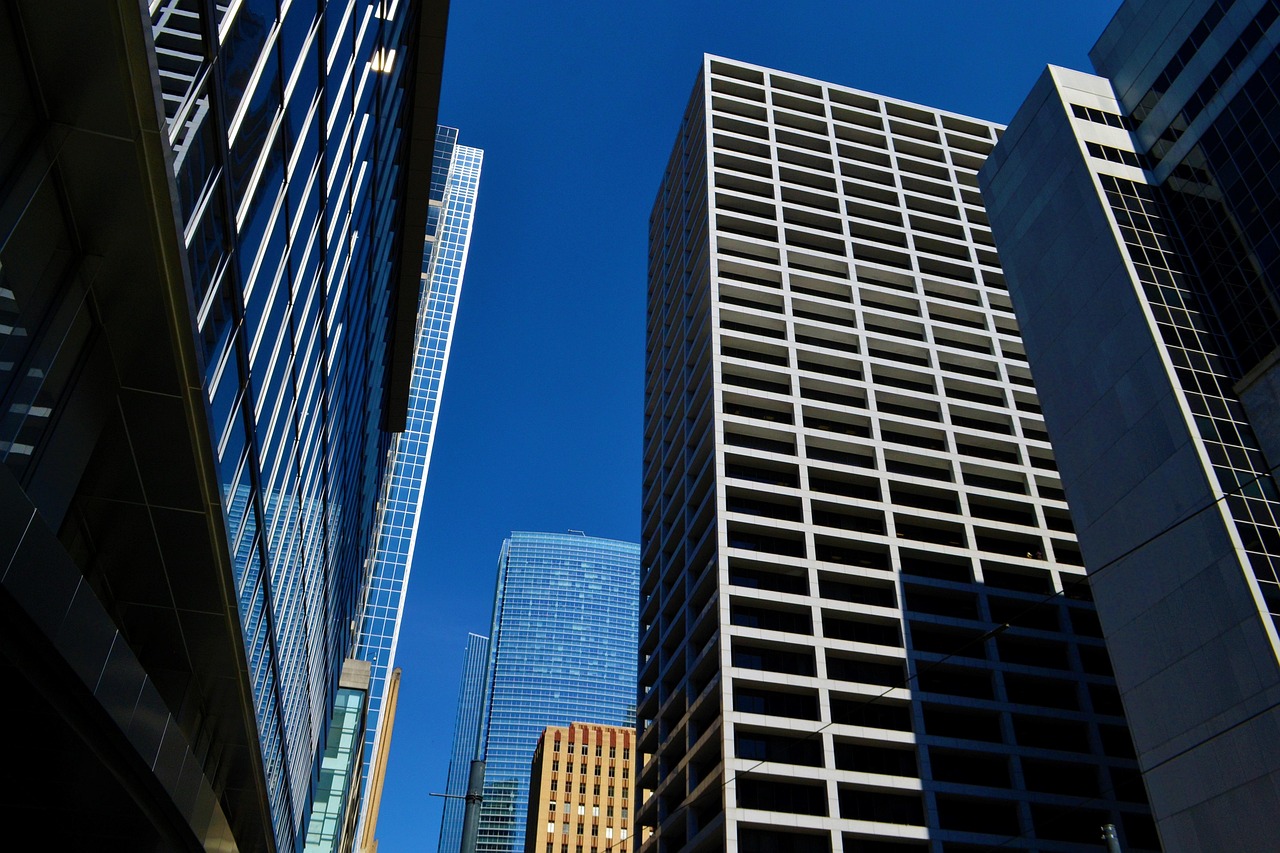Office tower under a blue Houston sky